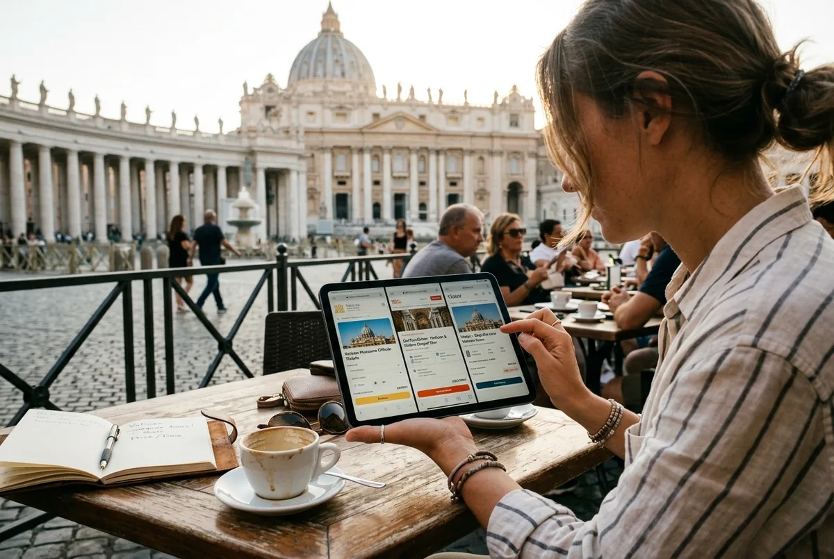 Traveler comparing several vatican tour booking pages side by side on a tablet at a Rome cafe table, St. Peter's dome faintly visible in the distance