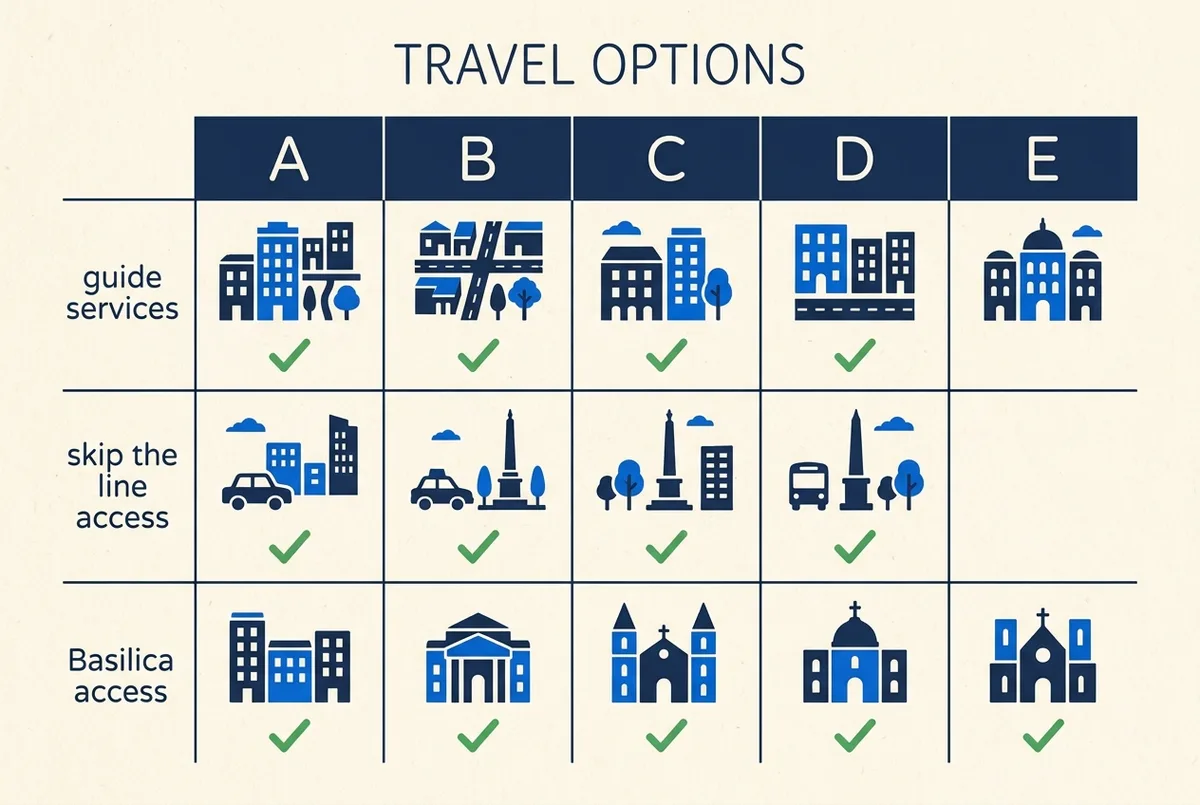 Comparison chart infographic with generic provider columns labeled A through E showing inclusion checkmarks for guide, skip the line and Basilica access, generic icons only, no prices