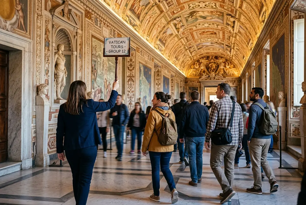 Small group of travelers following a guide with a raised sign through a Vatican Museums gallery, frescoed ceiling visible overhead