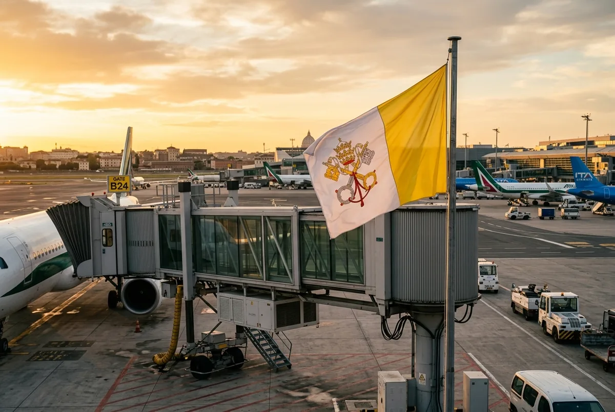 A white and yellow Vatican City flag fluttering beside an airport jet bridge at golden hour, symbolizing papal international travel, no people visible