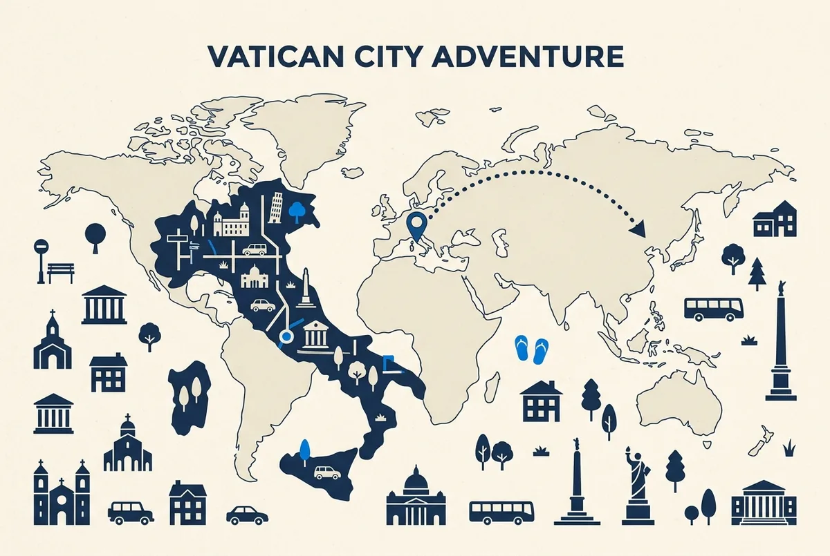 Simple infographic-style graphic contrasting a small map pin marking Vatican City with a curved dotted flight path arcing toward a generic world map outline, minimal labels, editorial infographic style