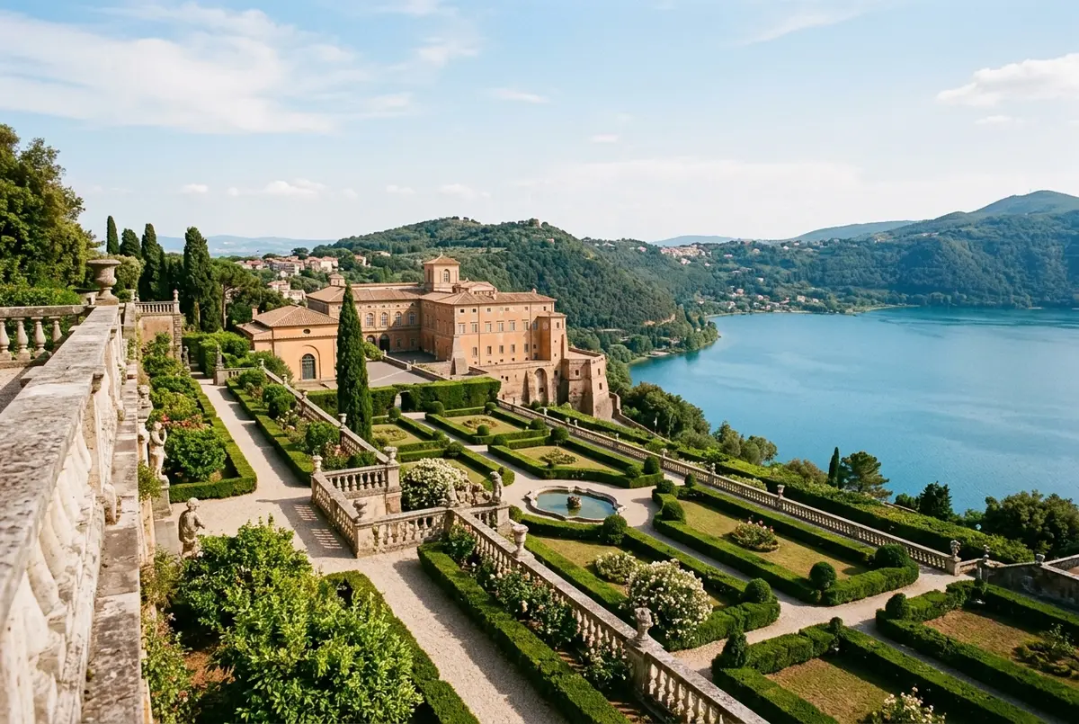 Formal Barberini Gardens and the Apostolic Palace at Castel Gandolfo overlooking Lake Albano, sunny afternoon, no people visible in the frame