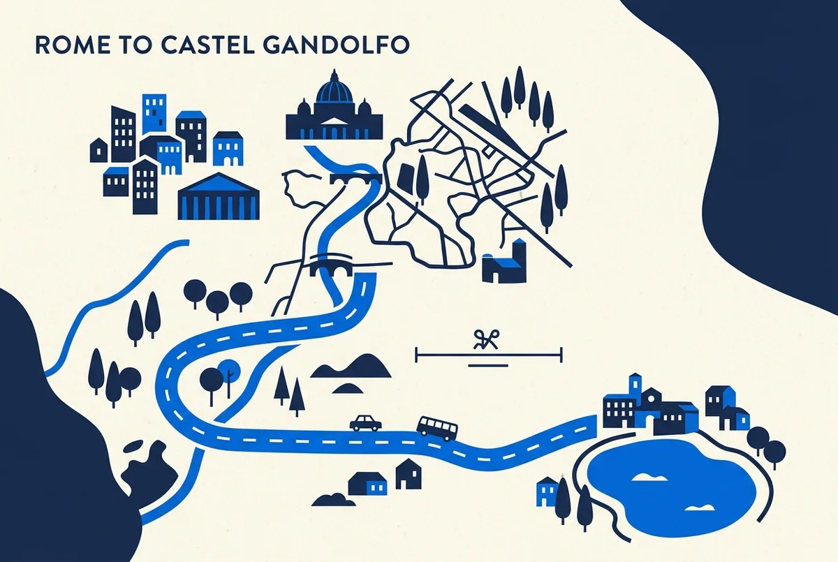 Simple map graphic showing the route from central Rome to Castel Gandolfo on Lake Albano, generic distance label only, minimalist editorial style