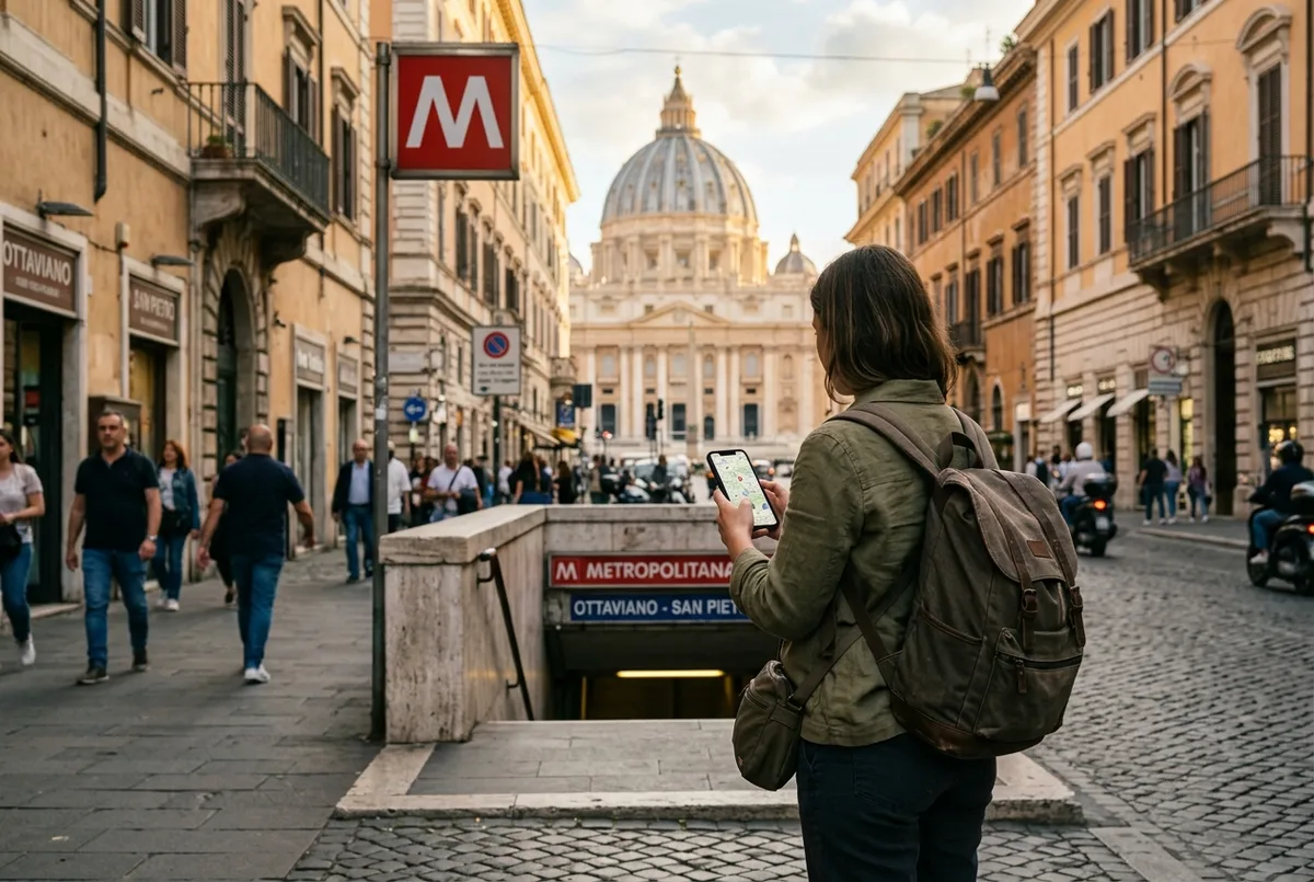 Traveler checking a phone map near a Rome metro entrance with St Peter's dome visible in the distance, midday, vatican tours rome moment