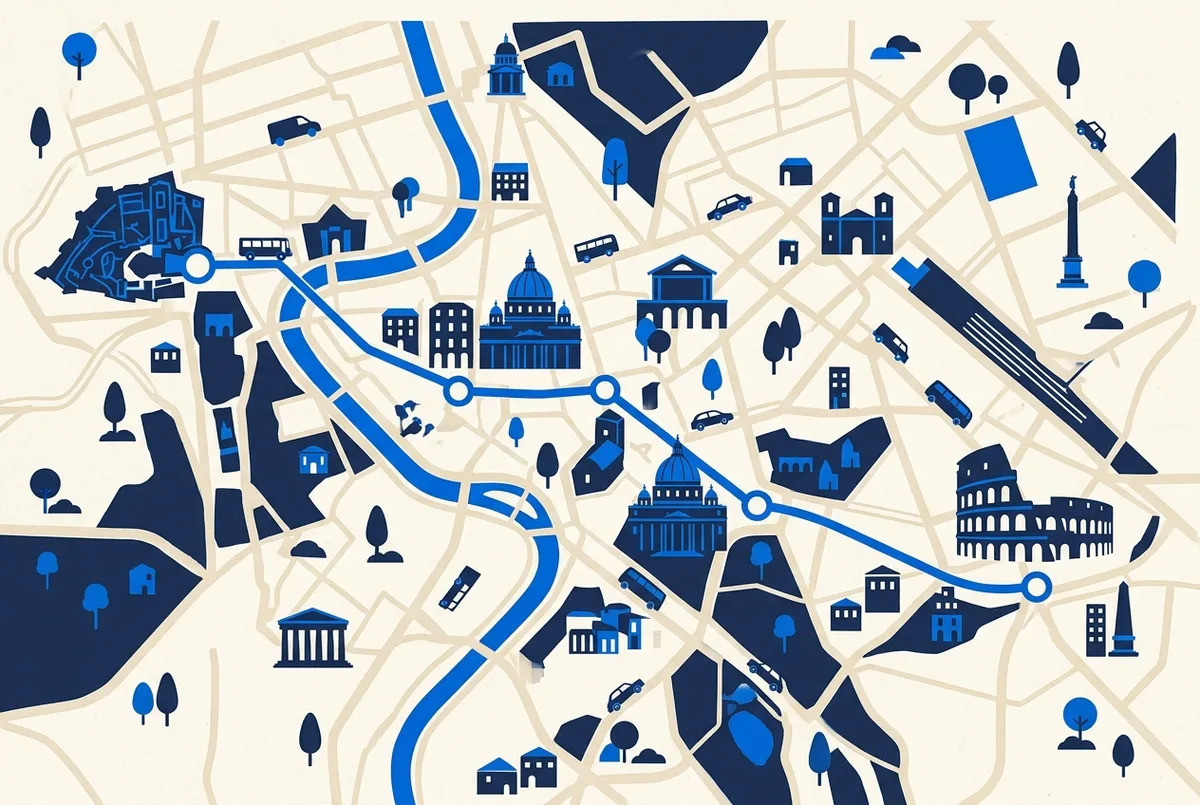 Infographic-style map illustration showing a simplified transit line connecting central Rome landmarks to the Vatican, with the Colosseum marked on the opposite side of the city, minimal editorial icon style, no readable text or statistics