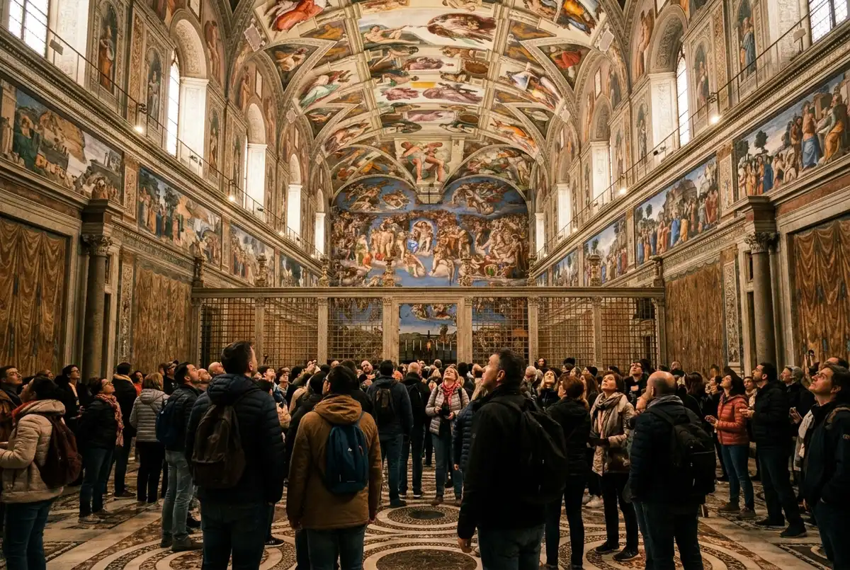 Turistas mirando hacia arriba al entrar en la capilla sixtina desde los museos vaticanos, techo de Miguel Ángel asomando entre las columnas, luz cálida interior