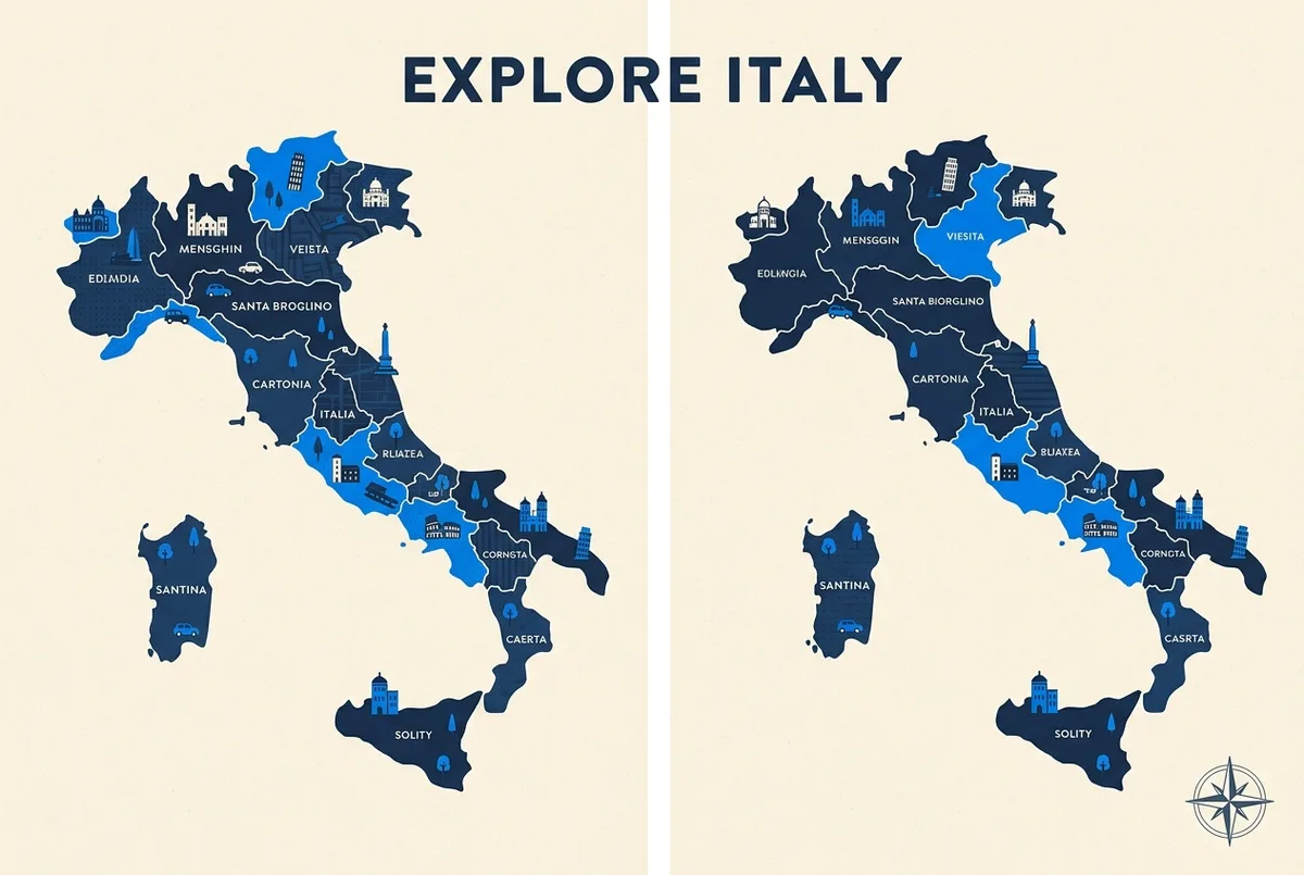 Simple map-style diagram showing the Italian peninsula divided into the regions depicted across the Gallery of Maps panels, minimal editorial cartography style, region names only