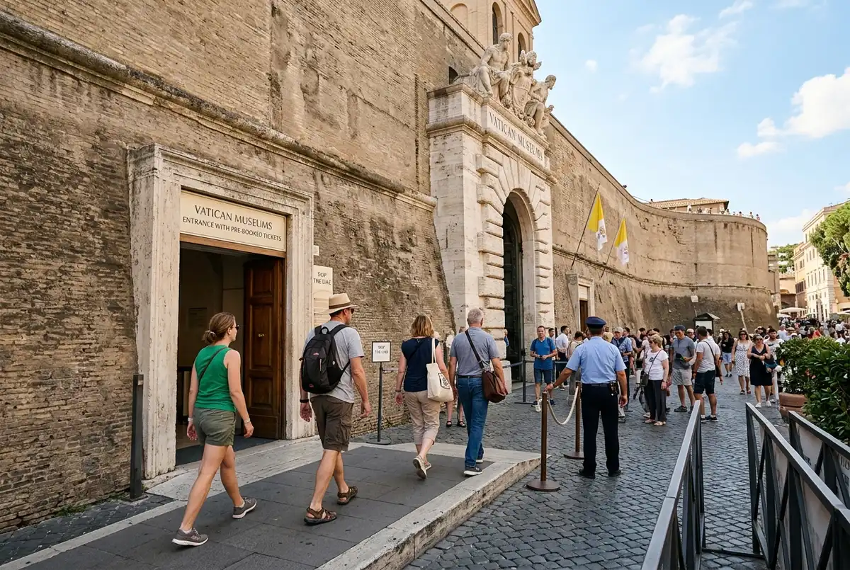 Visitors approaching the skip the line entrance for a vatican pass ticket at the Vatican Museums