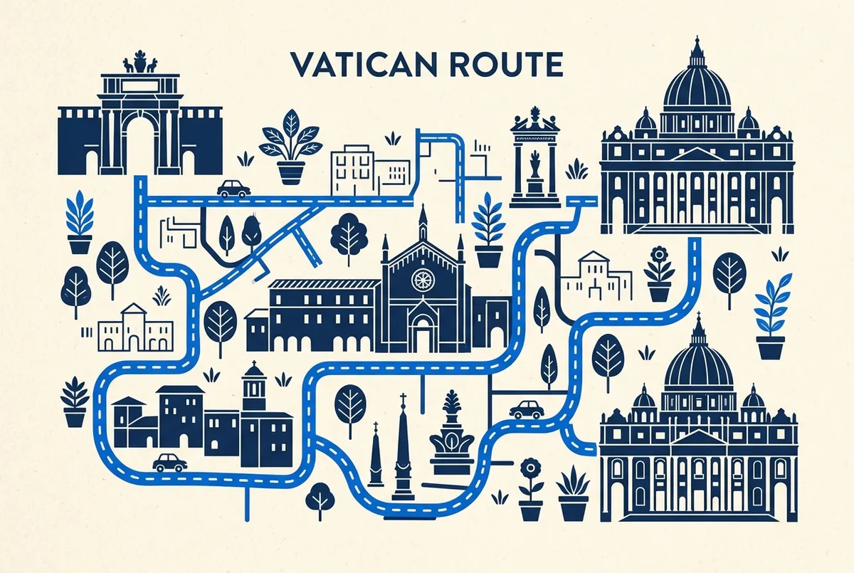 Map showing the route from the Vatican Museums entrance through the Sistine Chapel to St. Peter's Basilica