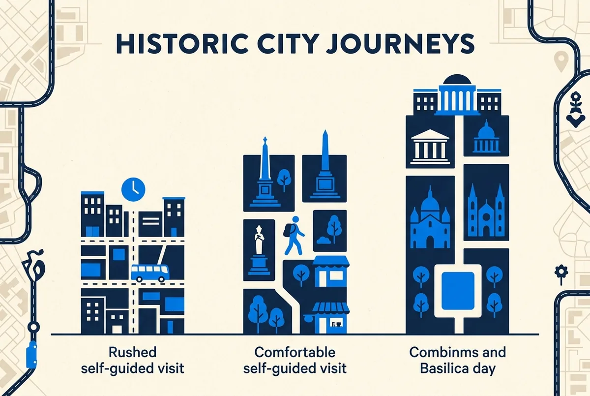 Simple infographic-style chart comparing typical visit durations for a rushed self-guided visit, a comfortable self-guided visit, and a combined Museums and Basilica day, minimal bar shapes, editorial style, no statistics