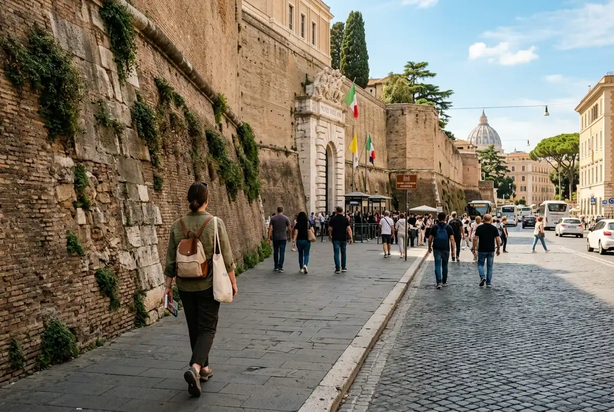 Traveler walking along Viale Vaticano toward the Vatican Museums entrance with the Vatican walls visible, midday light, how to get to the vatican museums