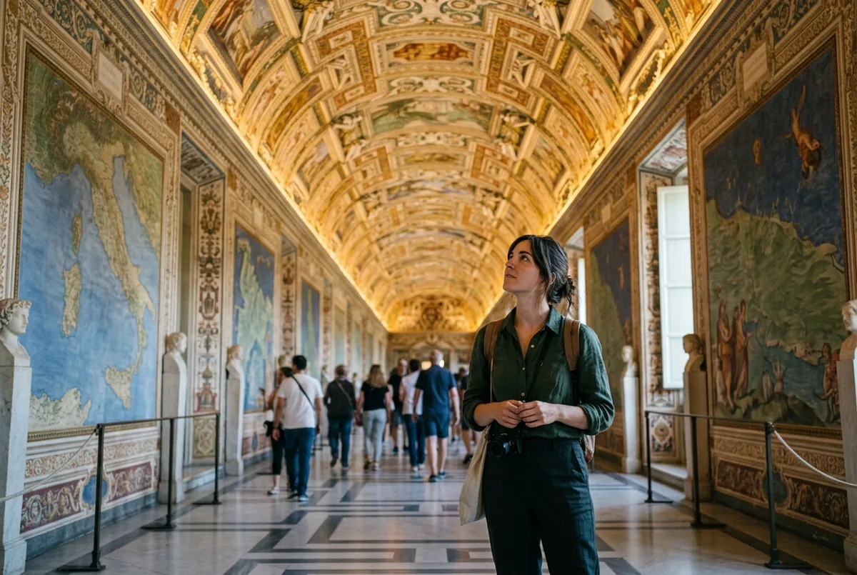 Traveler pausing thoughtfully in a Vatican Museums gallery corridor with painted ceilings overhead, other visitors softly blurred, is the vatican museums worth it