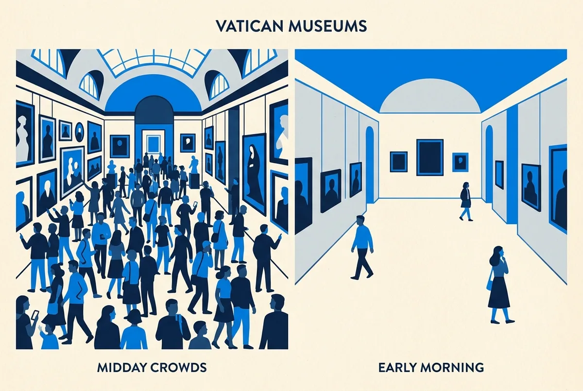 Simple before-and-after style infographic comparing a crowded midday Vatican Museums gallery against a quiet early-morning gallery, minimal editorial illustration style, no text statistics