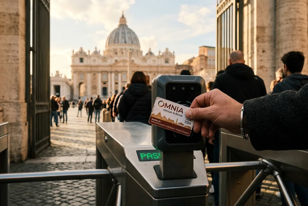 Close-up of an Omnia Card being tapped at a Rome attraction entrance gate, Vatican dome visible in the distance, omnia card in use moment