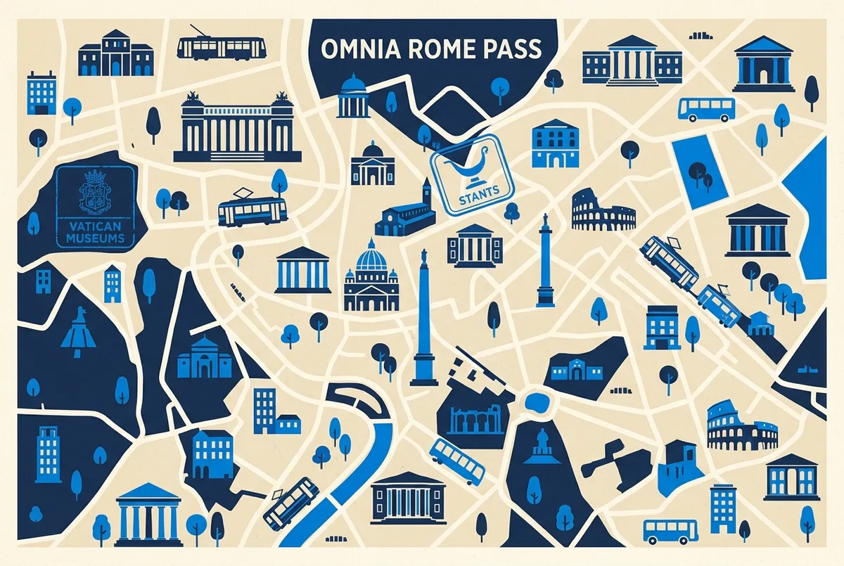 Infographic showing the Omnia Card's bundled inclusions as simple icons, Rome museums, transport and a Vatican Museums entry stamp, omnia card coverage, generic labels only, no prices shown
