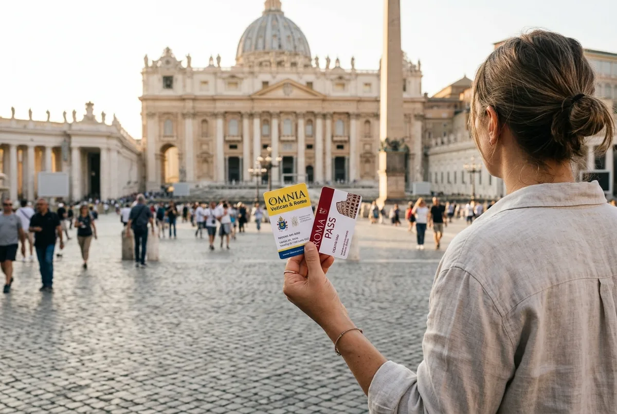Zwei Reisende vergleichen omnia card vs roma pass nebeneinander am Café-Tisch mit Blick auf das Kolosseum, entspannte Nachmittagsstimmung