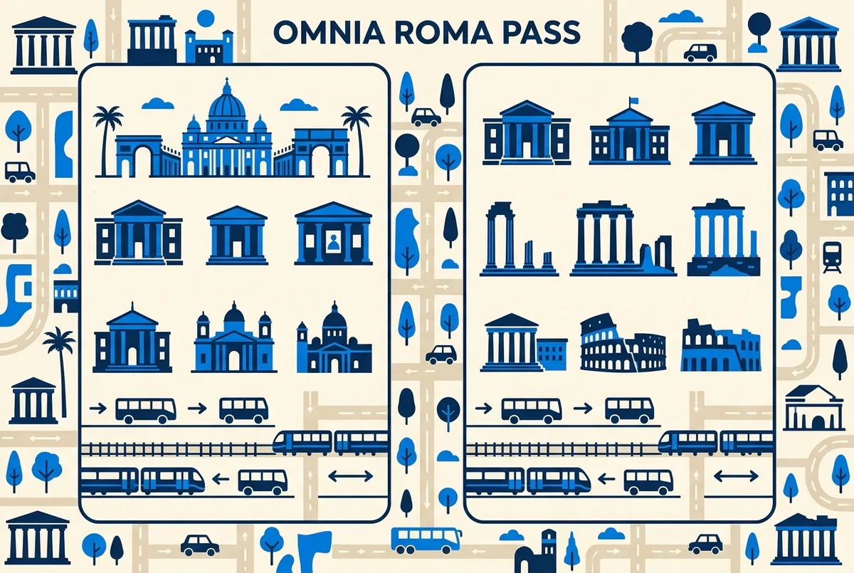 Vergleichs-Infografik der Leistungen von omnia card vs roma pass nebeneinander, mit dem Vatikan-Baustein nur auf der Omnia-Seite markiert, generische Icons ohne konkrete Preise