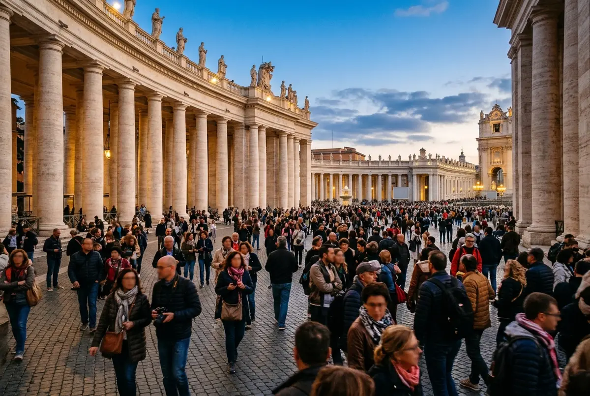 Crowd gathered under Bernini's colonnade in St Peter's Square during a papal general audience, morning light, no faces identifiable, wide public square view