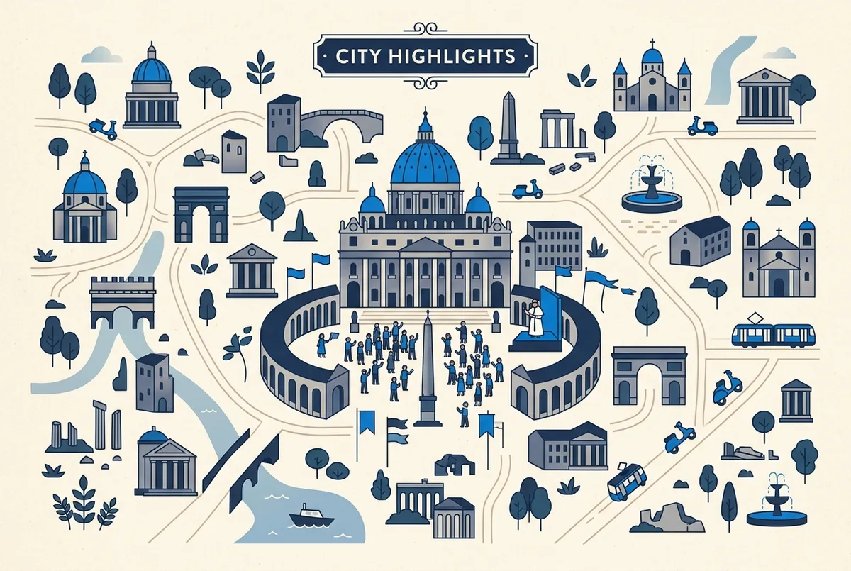 illustrated map of Rome highlights for Papal Mass and General Audience Tickets: How to Attend for Free, papal mass vatican