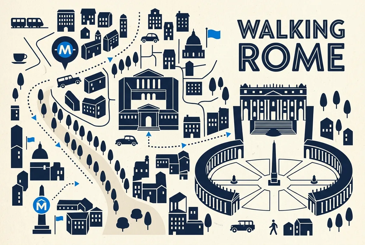 Simple infographic-style map showing the walking route from the Ottaviano metro stop to the Vatican Museums entrance and onward to St Peter's Square, minimal labeled icons, editorial style, no statistics or prices