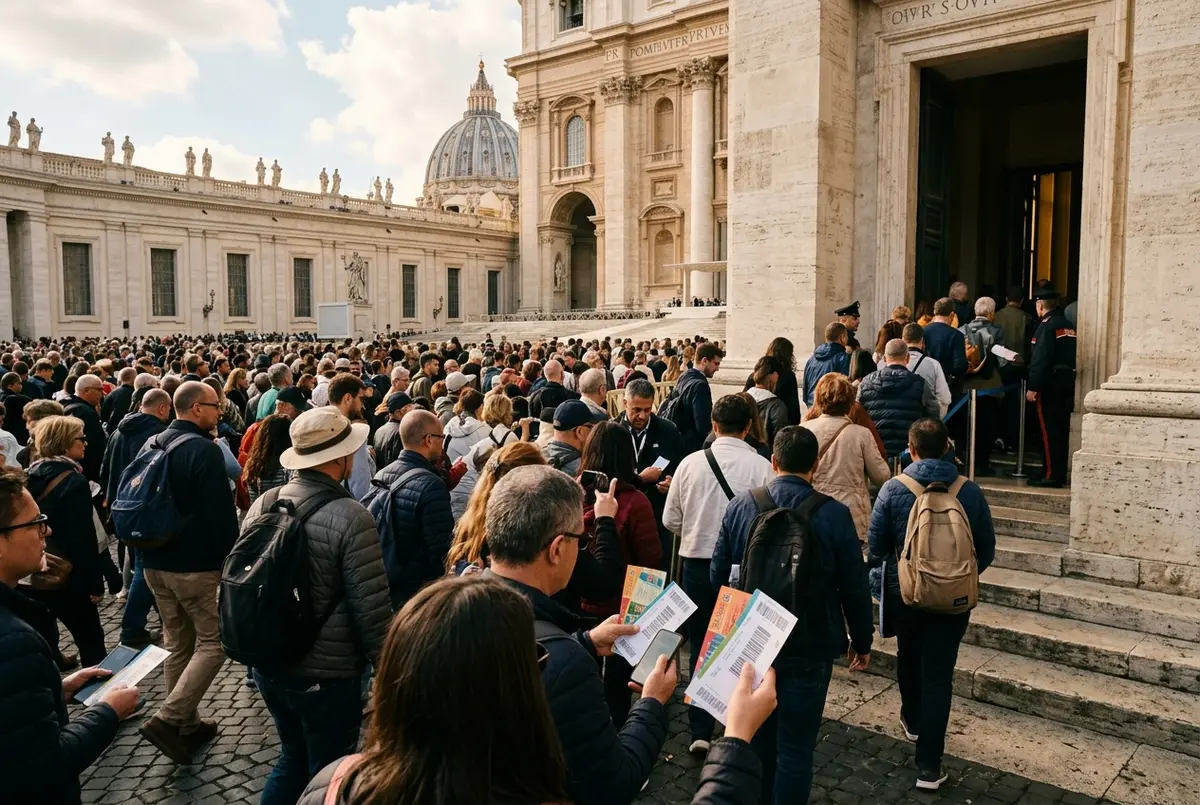 Crowd of visitors holding printed tickets while entering St Peter's Square for the Wednesday papal audience, early morning light, papal audience tickets moment