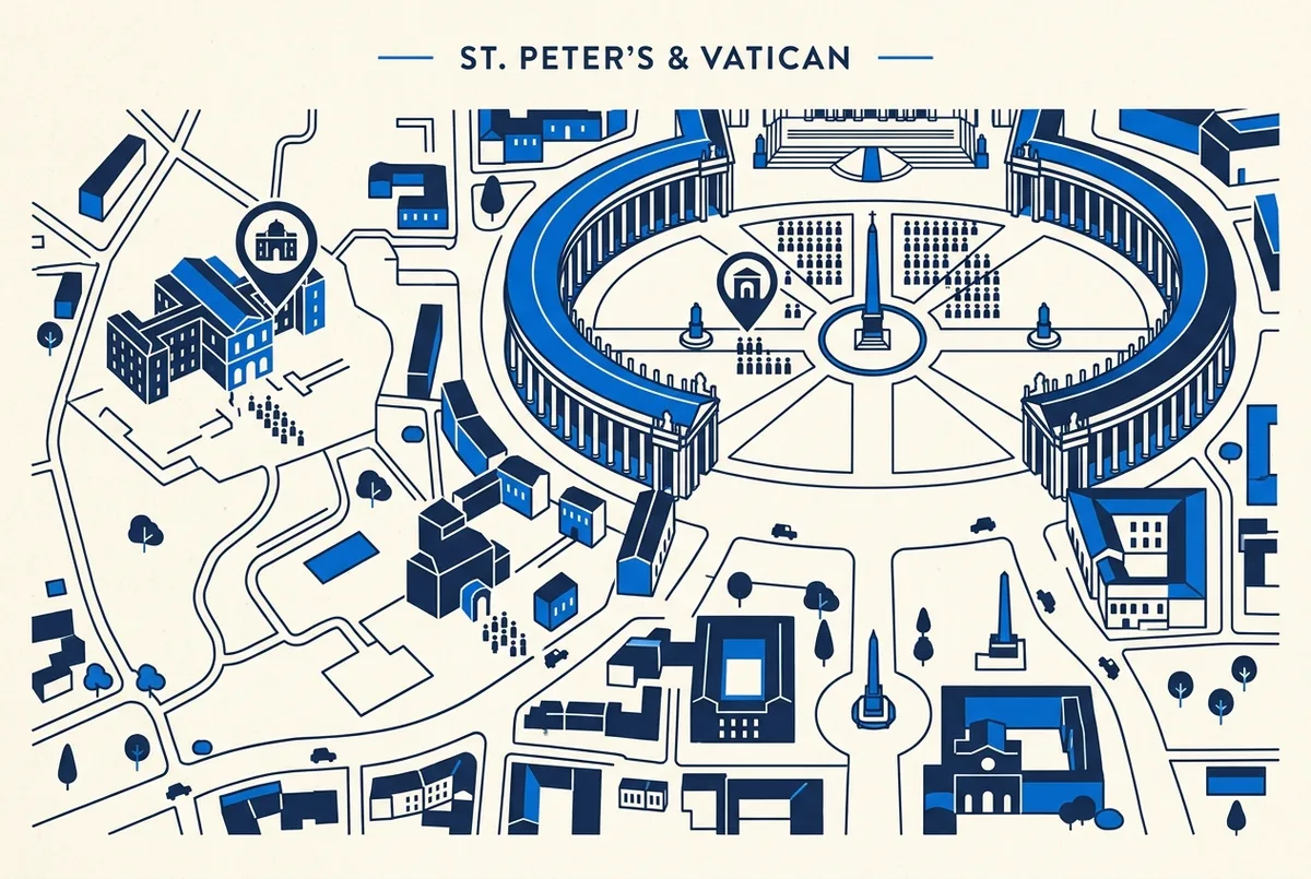 Infographic-style map illustration showing St Peter's Square with the audience seating area and the Vatican Museums entrance marked as two separate points, minimal editorial icon style, no readable text or statistics