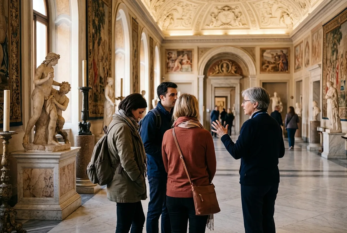 Small private group of three travelers listening closely to a guide inside a quiet Vatican Museums gallery, soft morning light, vatican private tour moment