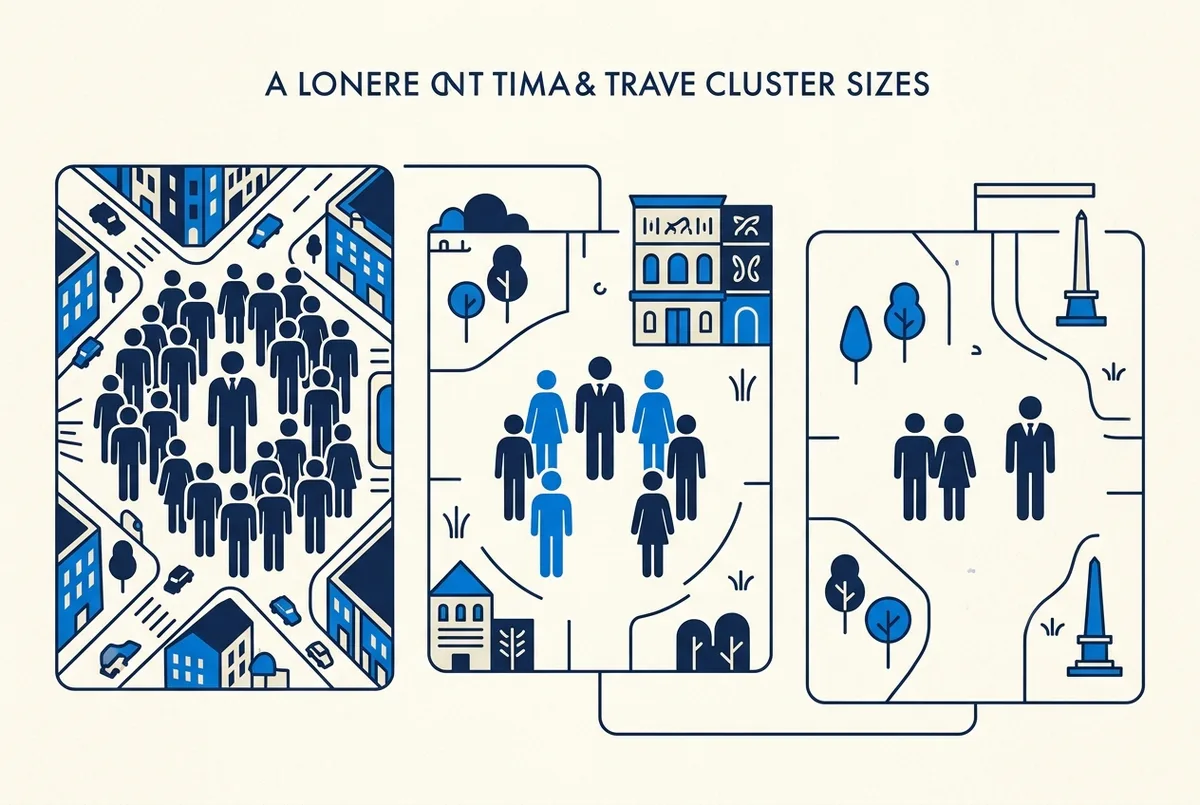 Infographic-style illustration comparing three cluster sizes around a guide, a large crowd, a small group of six, and a single pair, minimal editorial icon style, no readable text or statistics