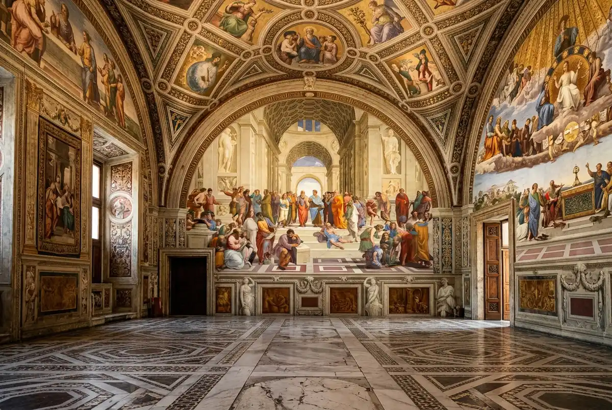 Wide interior view of the raphael rooms vatican with the School of Athens fresco covering the far wall, soft museum lighting, no visitors blocking the view