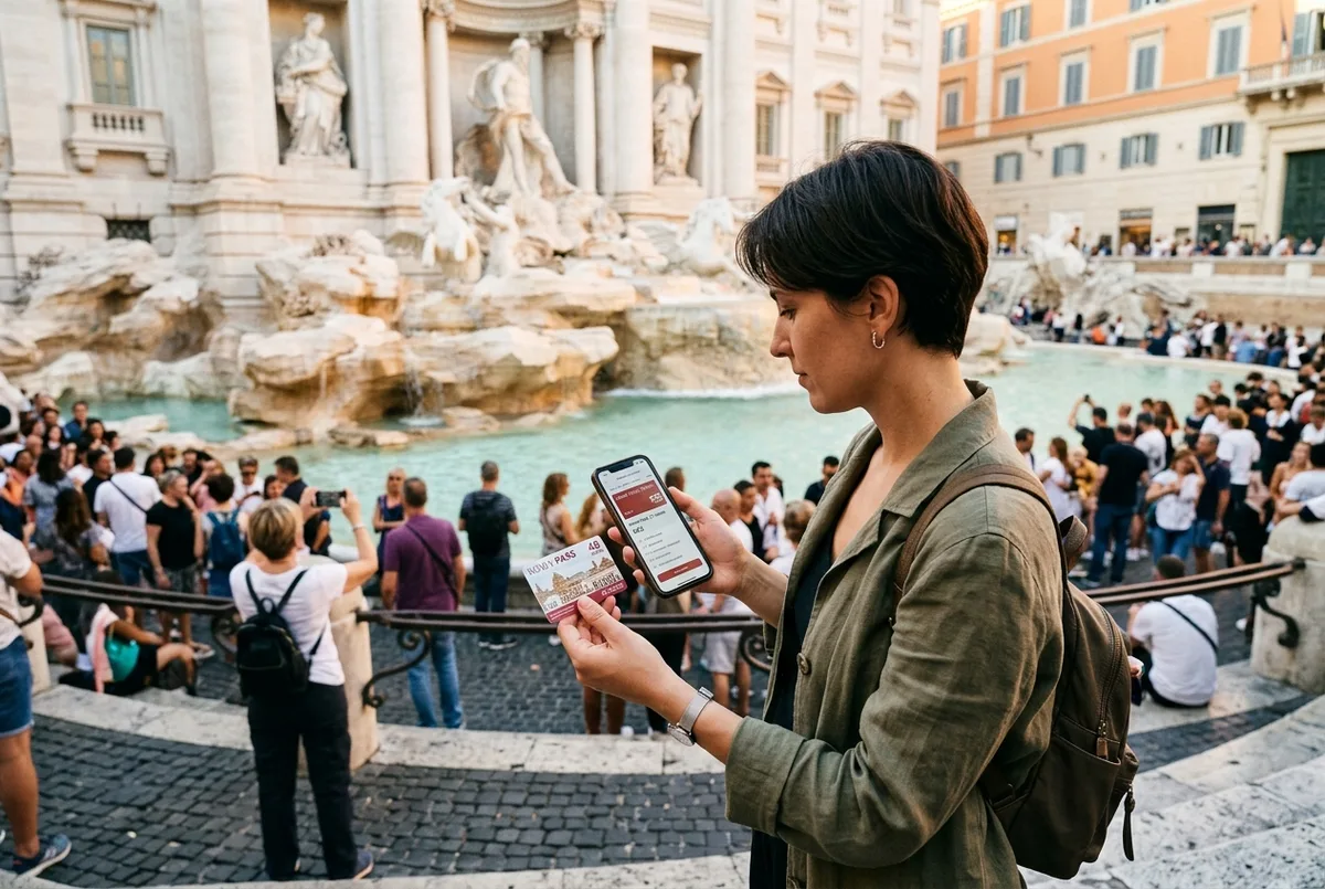 Traveler comparing a roma pass 48 hours ticket against the longer duration option on a phone near the Trevi Fountain, daytime Rome crowd in the background