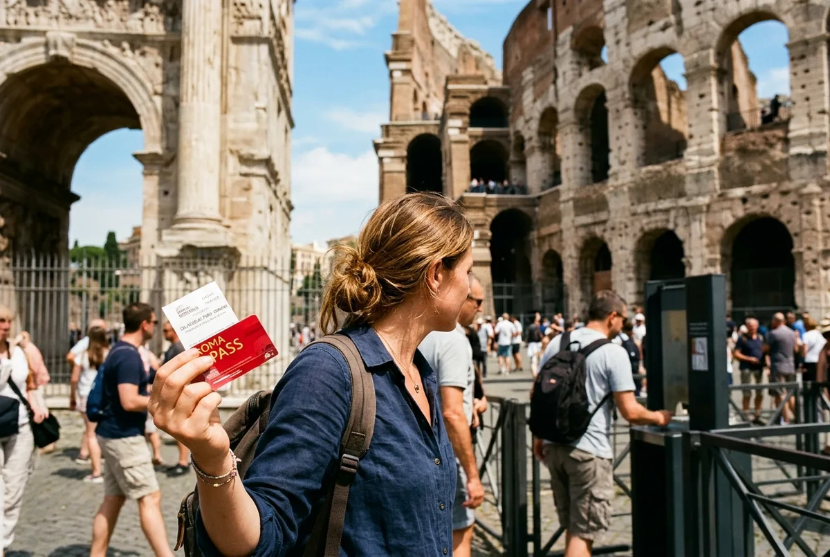 Traveler holding a roma pass colosseum ticket at the Colosseum entrance gate, ancient stone arches behind, bright midday Rome light