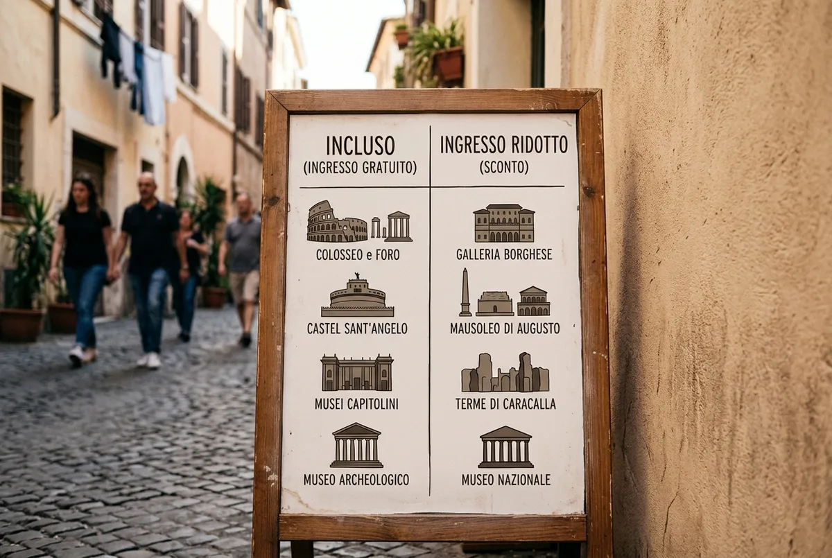 Grid graphic listing Roma Pass included sites split into a free-entry column and a discounted-entry column, generic building icons and labels only, no prices