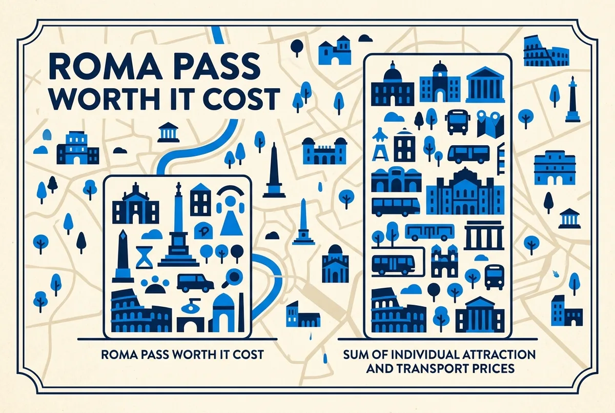 Simple bar chart comparing roma pass worth it cost against the sum of individual attraction and transport prices for a two-day itinerary, generic labels only, no real prices
