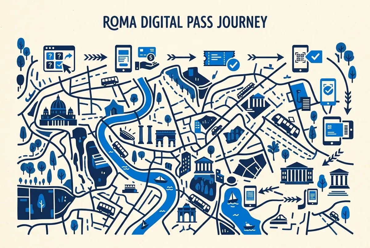 Step by step infographic showing the roma pass official site purchase flow from selecting a duration to activating the digital pass, generic icons and labels only, no prices