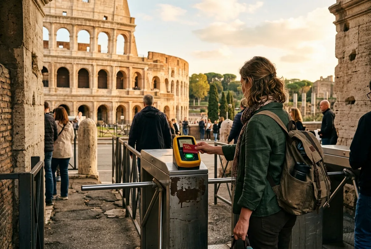 Traveler tapping a roma pass card at a Colosseum entrance turnstile, Rome ruins visible behind, warm late afternoon light