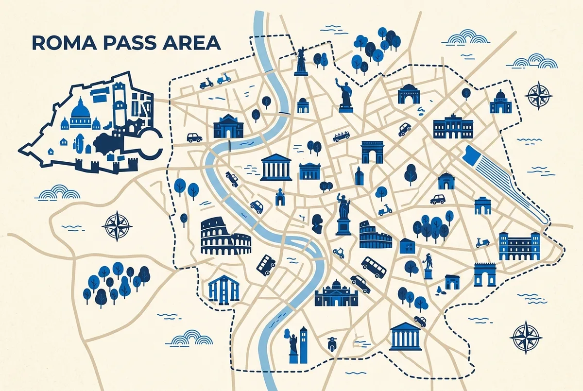 Infographic map showing the Roma Pass coverage area across central Rome civic attractions, with the separate Vatican City walls marked outside that coverage, generic icons and labels only