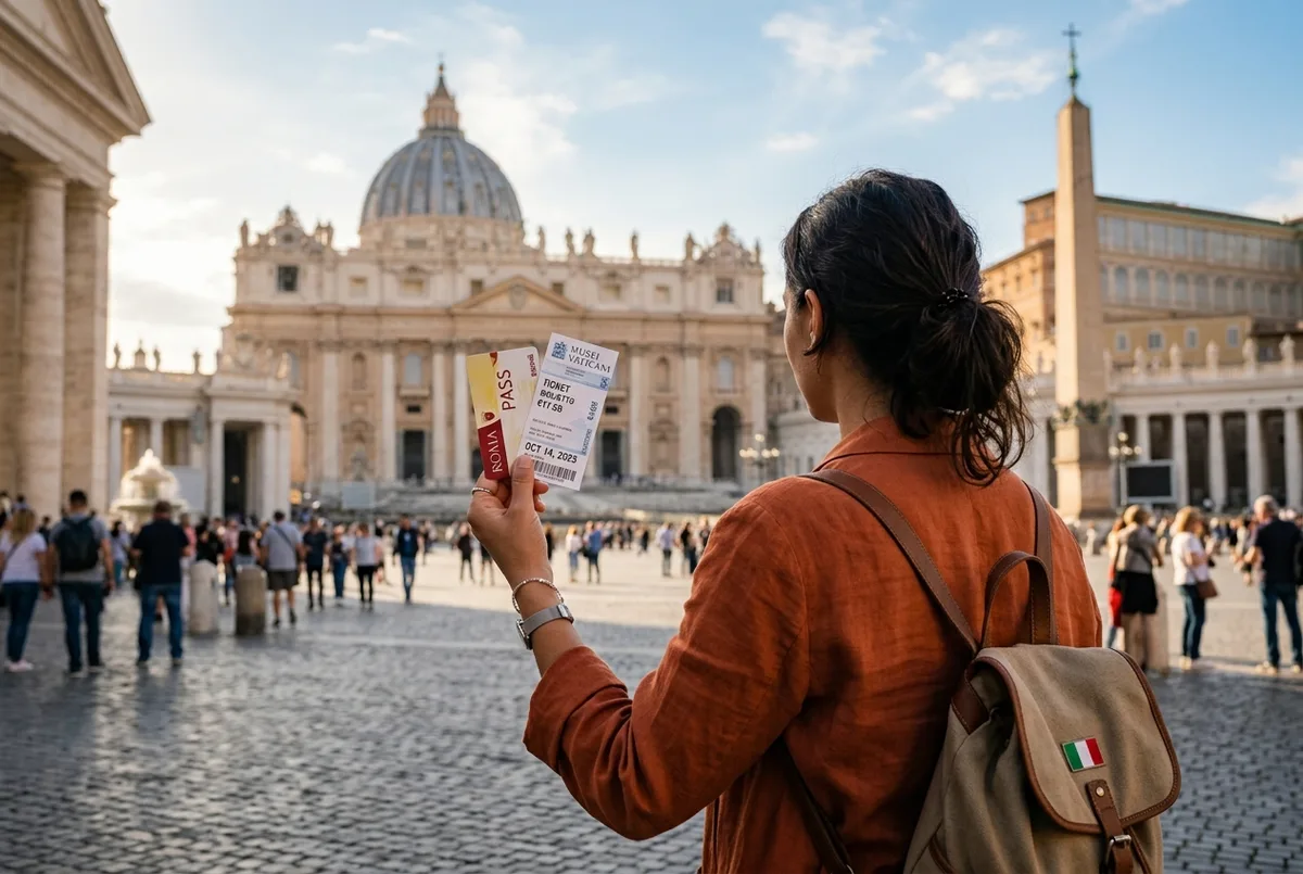 Traveler holding a roma pass card next to a separate Vatican Museums ticket outside St. Peter's Square, the dome visible behind
