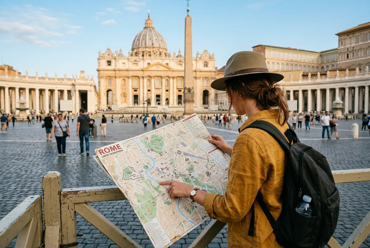 Voyageuse dépliant une carte touristique rome en papier sur la place Saint-Pierre, monuments visibles en arrière-plan, lumière de matinée, scène carte touristique rome