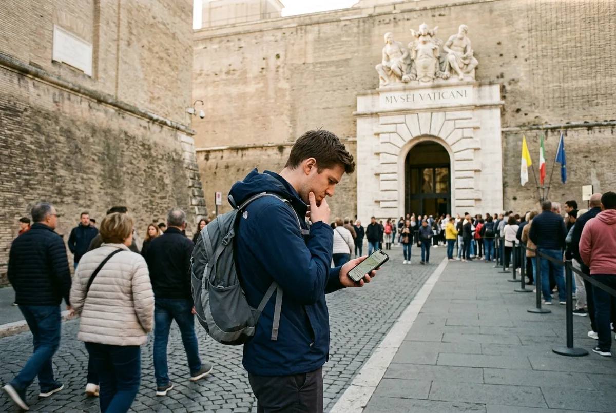 Visiteur debout devant l'entrée unique des Musées du Vatican qui mène à la chapelle Sixtine, aucune porte séparée visible, scène visite chapelle sixtine seule