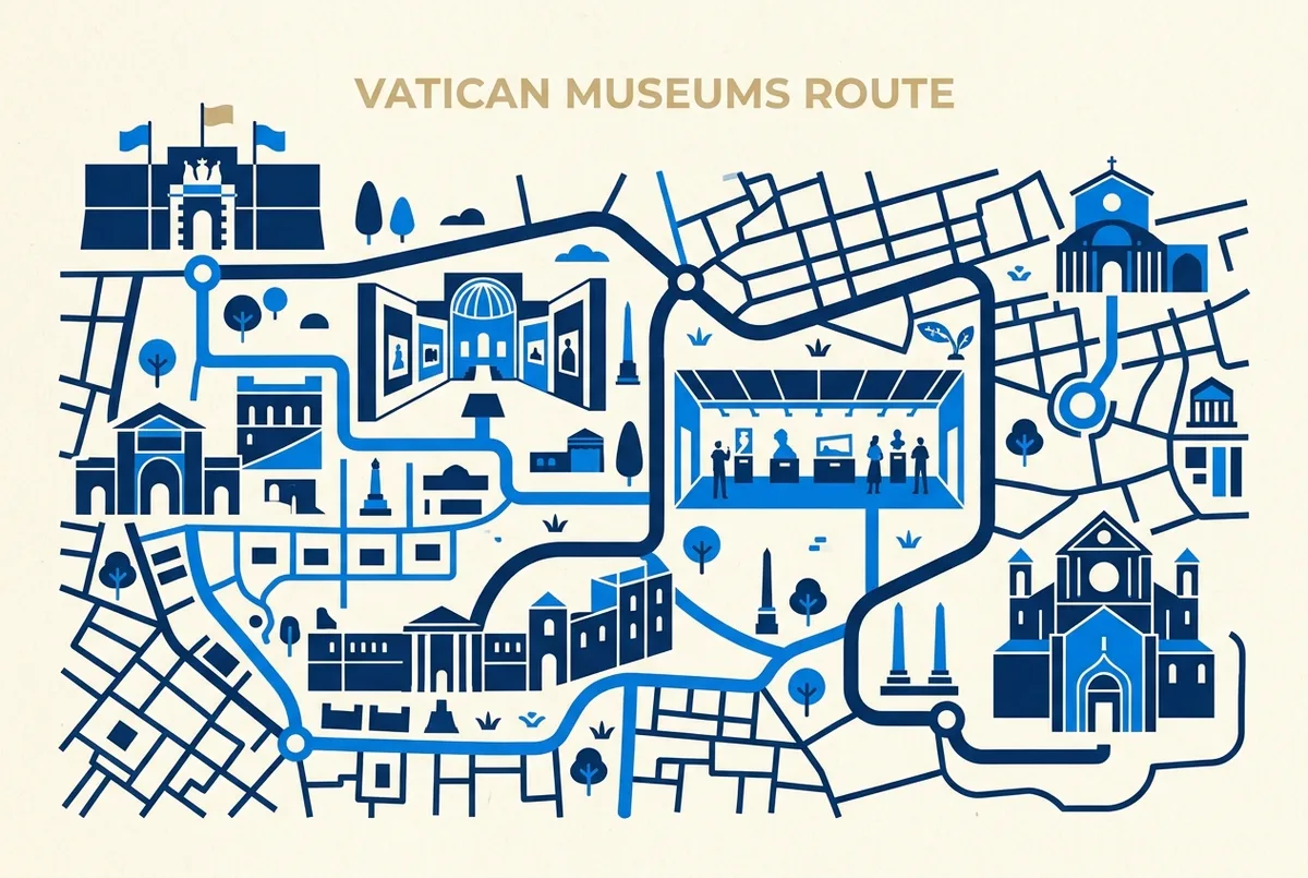 Plan simplifié du parcours à sens unique des Musées du Vatican montrant la chapelle Sixtine comme dernière salle, sans entrée séparée, style infographie sans texte de prix, scène visite chapelle sixtine seule
