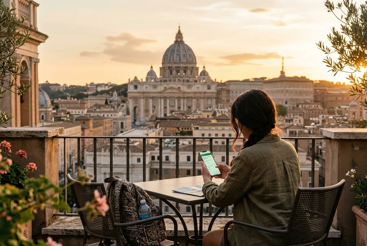 Viaggiatore che completa la prenotazione cappella sistina sul telefono con la cupola di San Pietro visibile sullo sfondo, luce calda del tardo pomeriggio a Roma