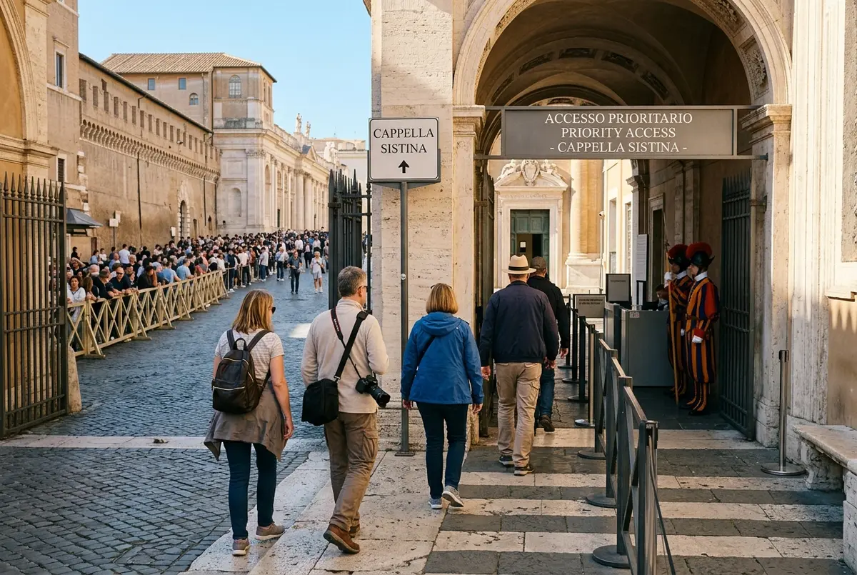File de visiteurs devant l'entrée coupe-file des Musées du Vatican menant à la chapelle Sixtine, lumière matinale douce, ambiance chapelle sixtine coupe file