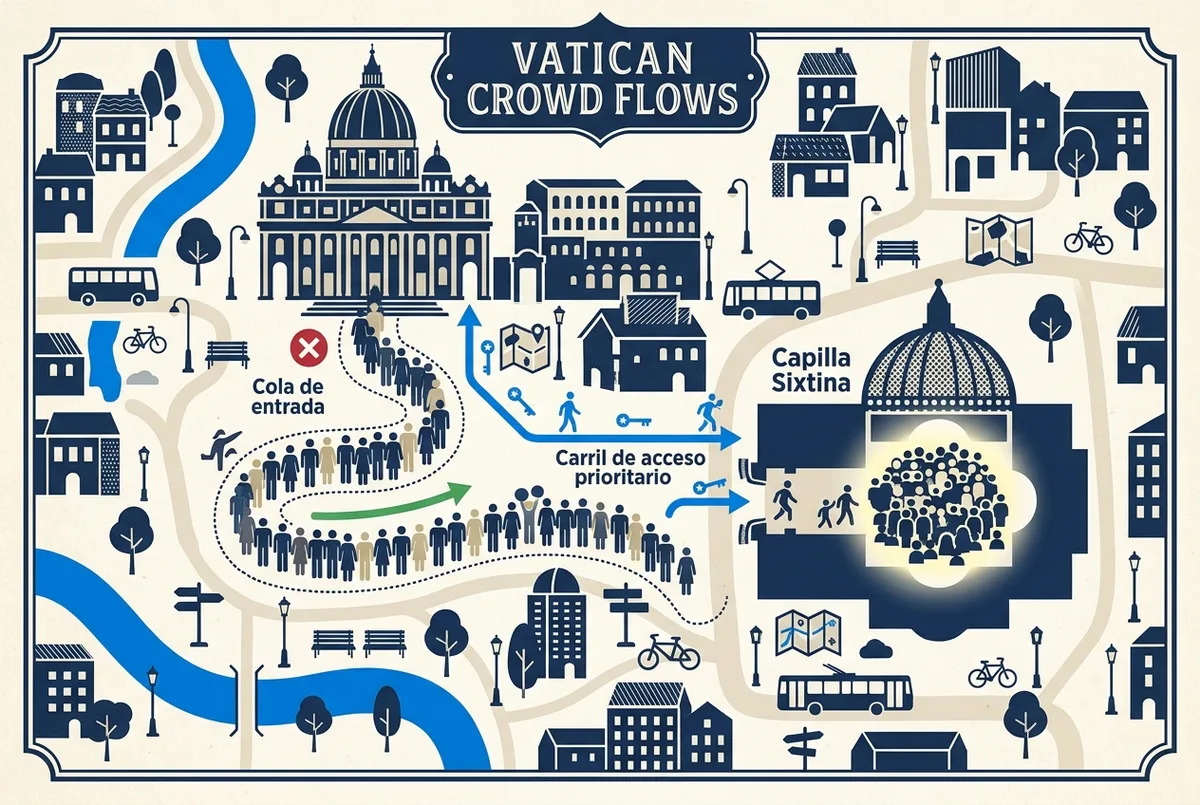 Infographie comparant le temps d'attente estimé à l'entrée du Vatican tôt le matin, en milieu de journée et en fin d'après-midi, style schéma simple sans texte de prix, scène chapelle sixtine coupe file