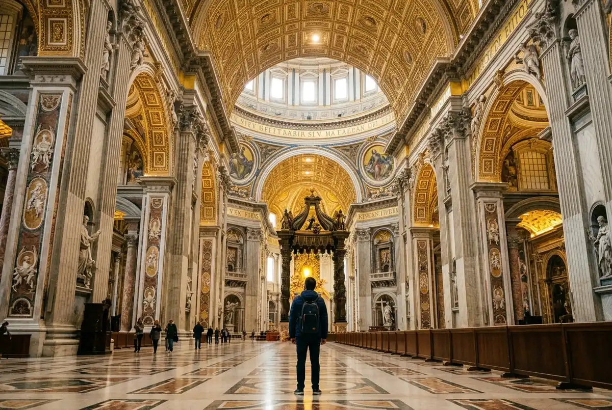 Viajero mirando hacia arriba el interior dorado de la basilica de san pedro que ver, baldaquino de bronce de Bernini en el centro, nave principal iluminada por luz natural, Roma