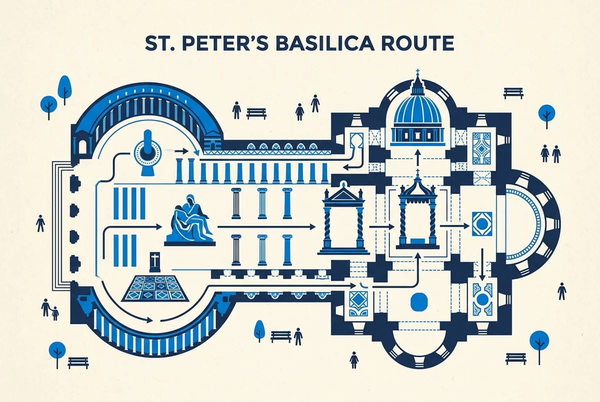 Infografía mostrando la ubicación de la Piedad, el baldaquino de Bernini y la cúpula dentro del recorrido de la basilica de san pedro que ver, con un plano simplificado de la nave principal