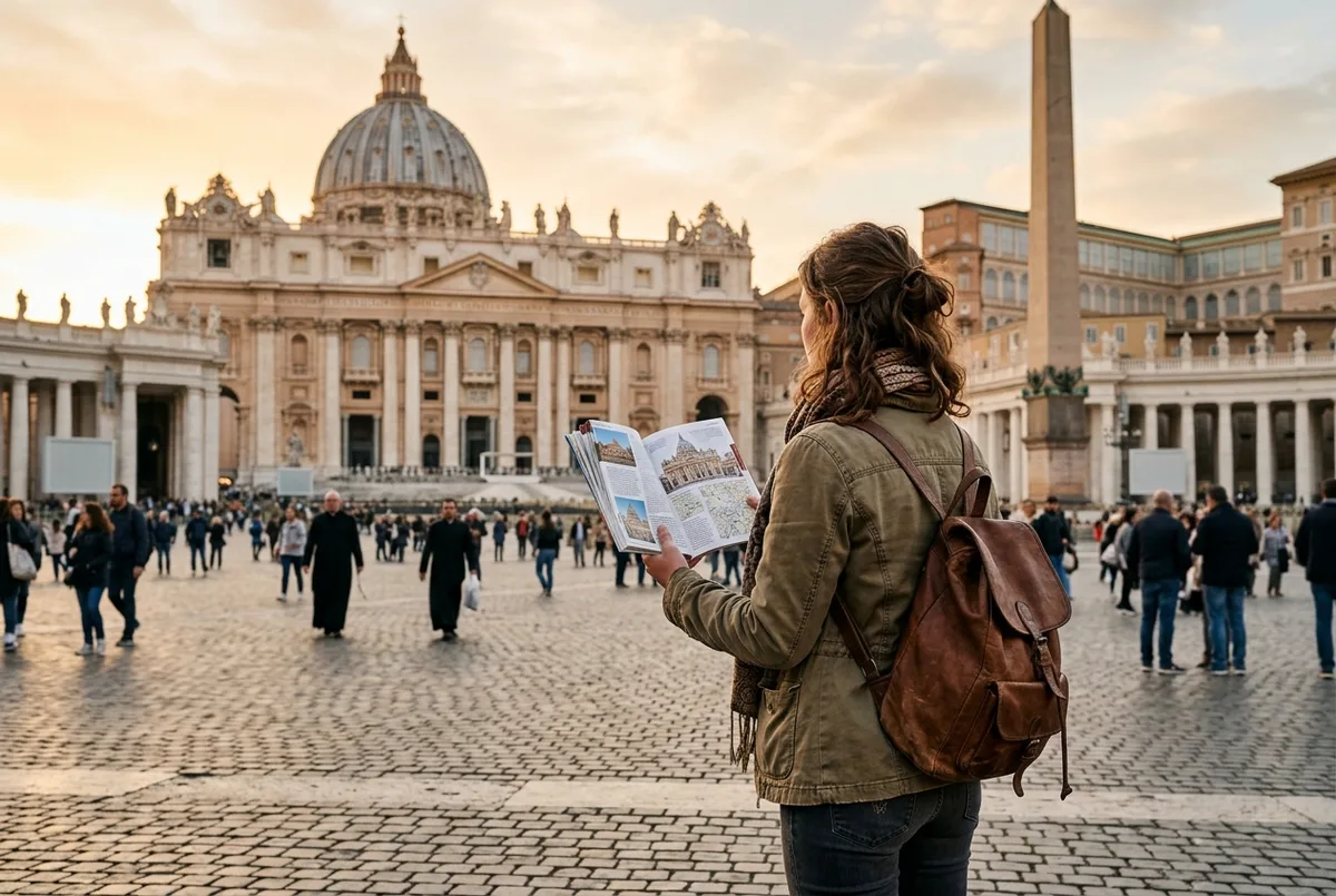 Traveler comparing the st peter's basilica tickets official website against a reseller booking page on a laptop, St Peter's Square visible through a window