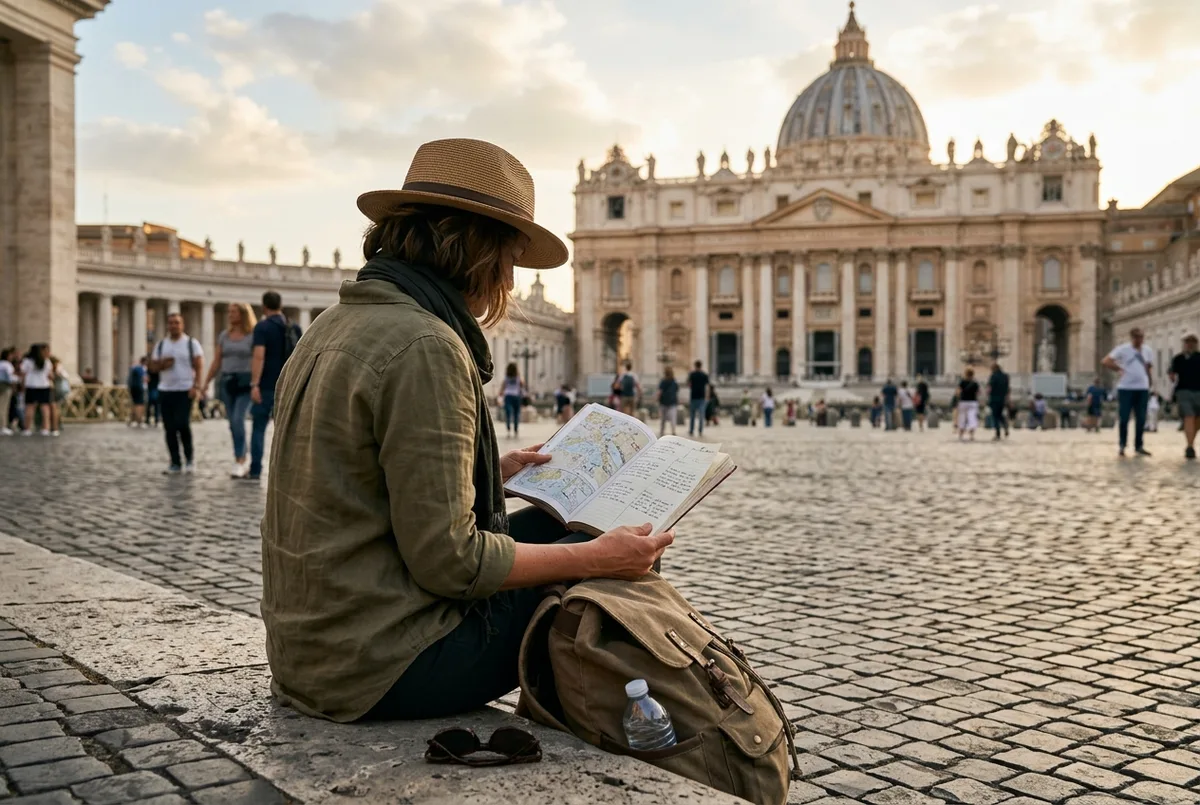 Traveler reviewing st peter's basilica price options on a phone with the dome and Bernini's colonnade visible in the background