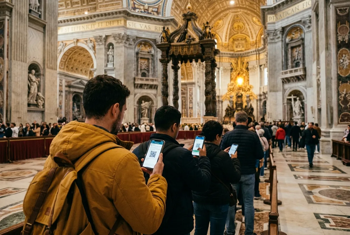 Visitors holding st peters basilica tickets on their phones queuing near Bernini's colonnade in St Peter's Square, Vatican City
