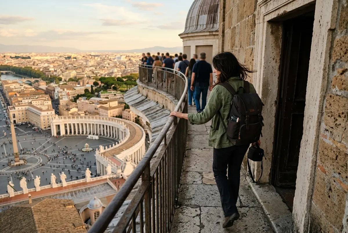 Traveler emerging onto the narrow outdoor gallery at the top of St Peter's Basilica dome with a panoramic view over Rome, golden hour, st peters basilica dome tickets moment