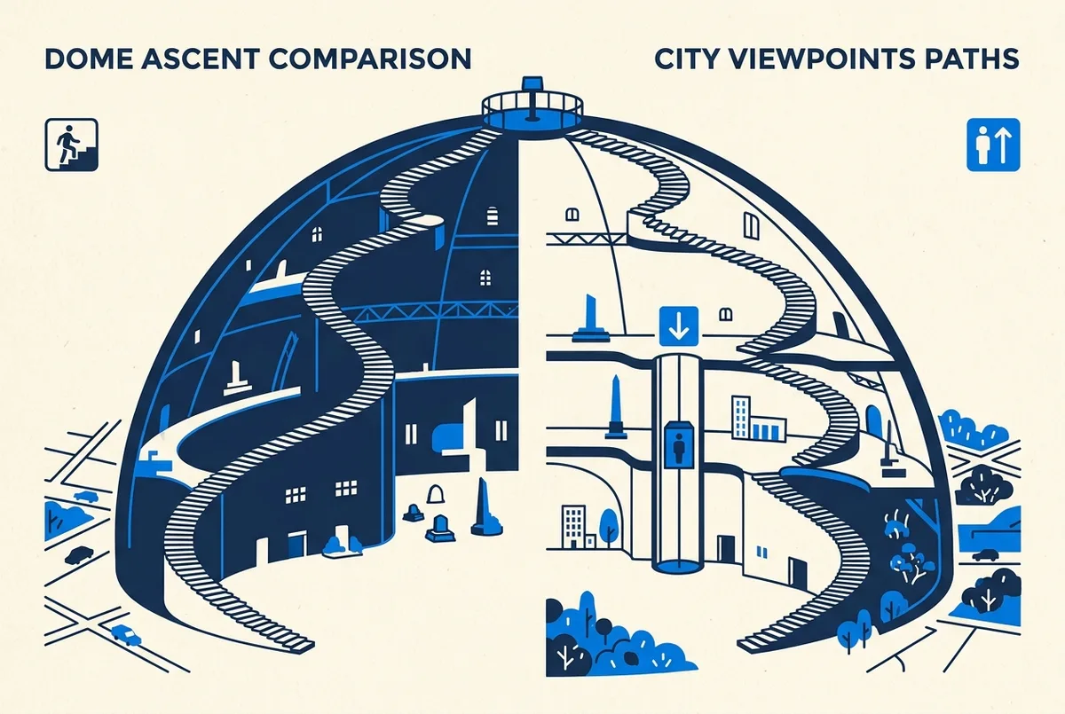 Infographic-style illustration comparing two paths up a cutaway dome, one showing stairs the entire way and one showing an elevator icon partway up followed by the same narrow spiral stairs, minimal editorial icon style, no readable text or statistics
